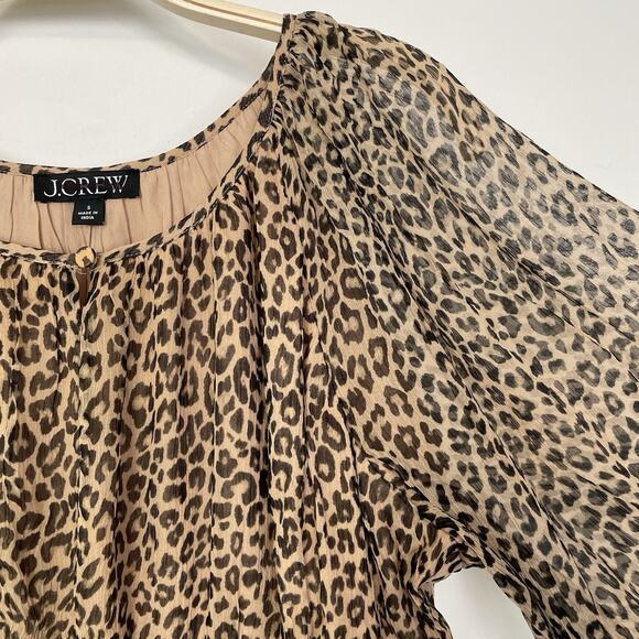 J. Crew Elena Long Sleeve Mini Dress in Brown Leopard Crinkle Chiffon CF793 - Picture 8 of 13
